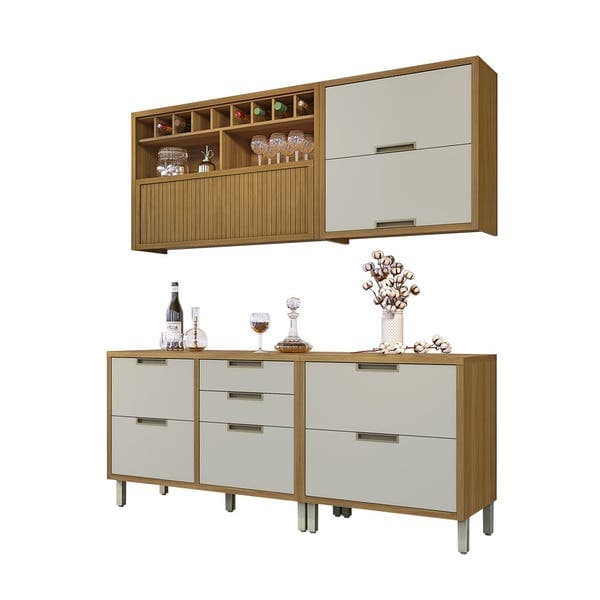 Armário de Cozinha Compacto MDF Freijó e Off White Balcão e Armário Aéreo 200x221,5x52cm Turquesa Nesher