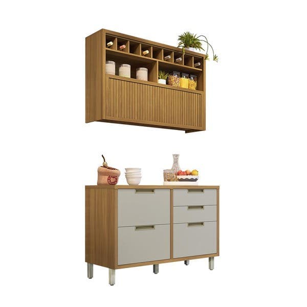 Armário de Cozinha Compacto MDF Freijó e Off White Balcão Torre Nicho e Armário Aéreo 120x221,5x52cm Turquesa Nesher