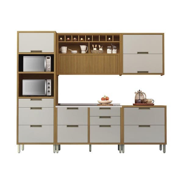 Armário de Cozinha Compacto MDF Freijó e Off White Balcão Torre Nicho e Armário Aéreo 270x221,5x52cm Turquesa Nesher