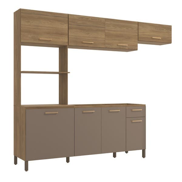 Armário de Cozinha Compacto MDP Nogueira e Fendi Balcão Torre e Armário Aéreo 258x210x52cm Cozinha Kits Kappesberg