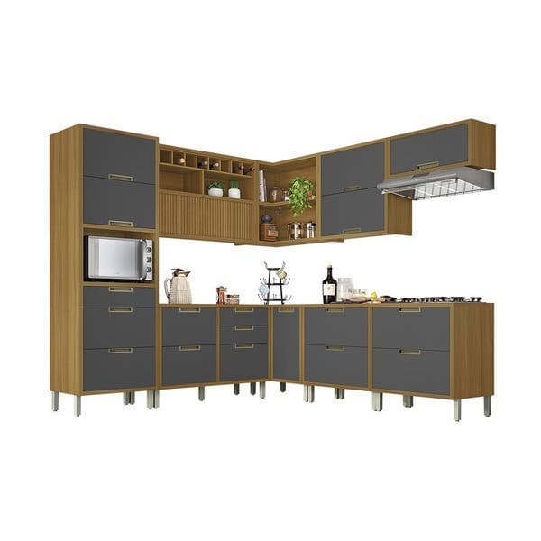Armário de Cozinha Completo MDF Freijó e Grafite Balcão Torre e Armário Aéreo 268x221,5x52cm Turquesa Nesher