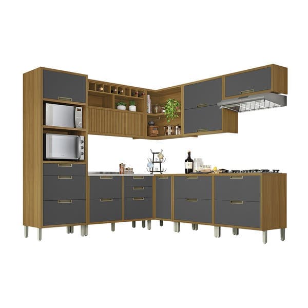 Armário de Cozinha Completo MDF Freijó e Grafite Balcão Torre e Armário Aéreo 268x221,5x52cm Turquesa Nesher