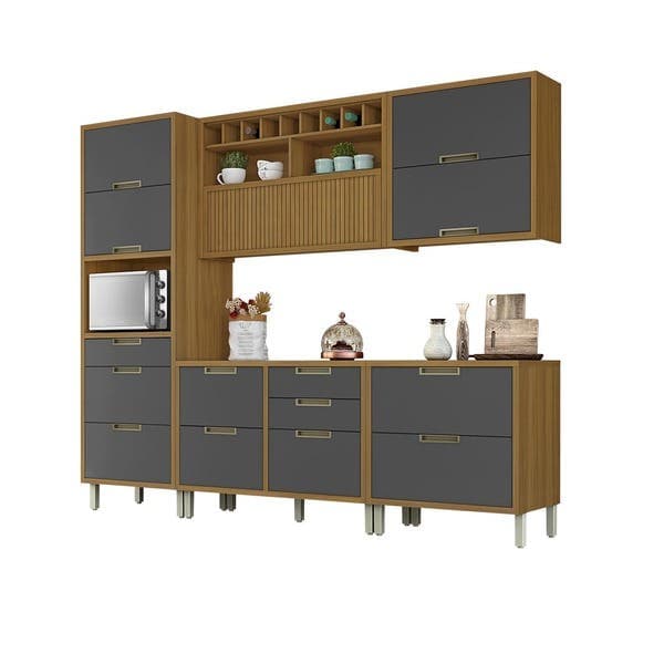 Armário de Cozinha Completo MDF Freijó e Grafite Balcão Torre Nicho e Armário Aéreo 270x221,5x52cm Turquesa Nesher