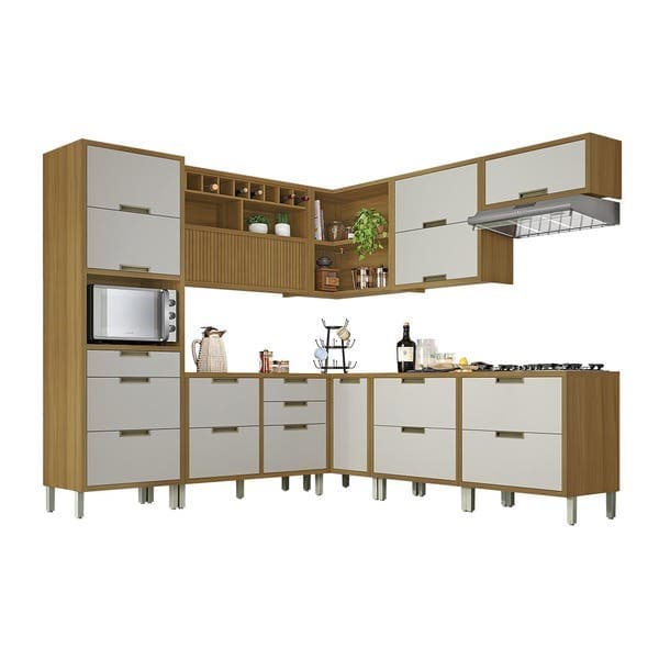 Armário de Cozinha Completo MDF Freijó e Off White Balcão Torre e Armário Aéreo 268x221,5x52cm Turquesa Nesher