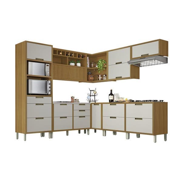 Armário de Cozinha Completo MDF Freijó e Off White Balcão Torre e Armário Aéreo 268x221,5x52cm Turquesa Nesher