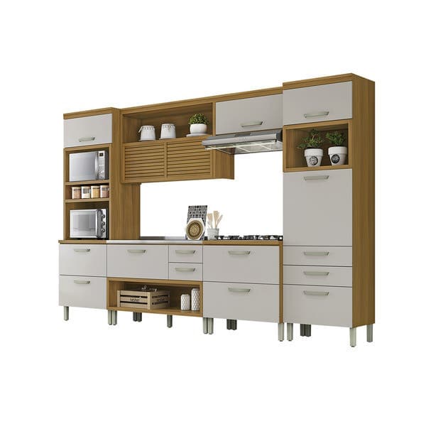 Armário de Cozinha Completo MDF Freijó e Off White Balcão Torre e Armário Aéreo 334x221,5x52cm Safira Nesher