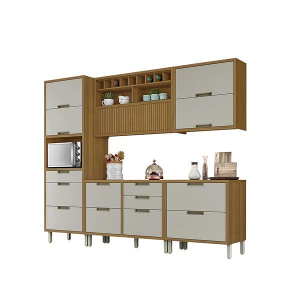 Armário de Cozinha Completo MDF Freijó e Off White Balcão Torre Nicho e Armário Aéreo 270x221,5x52cm Turquesa Nesher