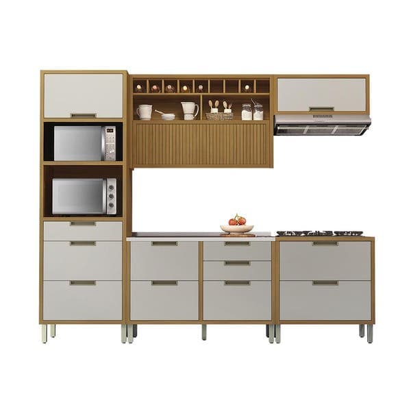 Armário de Cozinha Completo MDF Freijó e Off White Balcão Torre Nicho e Armário Aéreo 270x221,5x52cm Turquesa Nesher