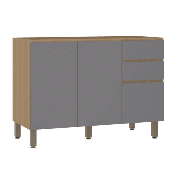 Balcão de Cozinha MDP Freijó e Cinza com 2 Portas e 3 Gavetas 120x87x53cm Slim Luciane
