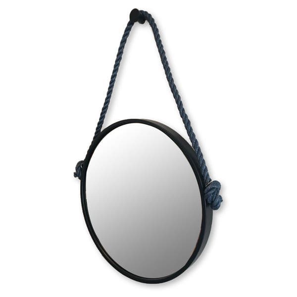 Espelho Decorativo Adnet Preto com Alça de Sisal Blue 40cm