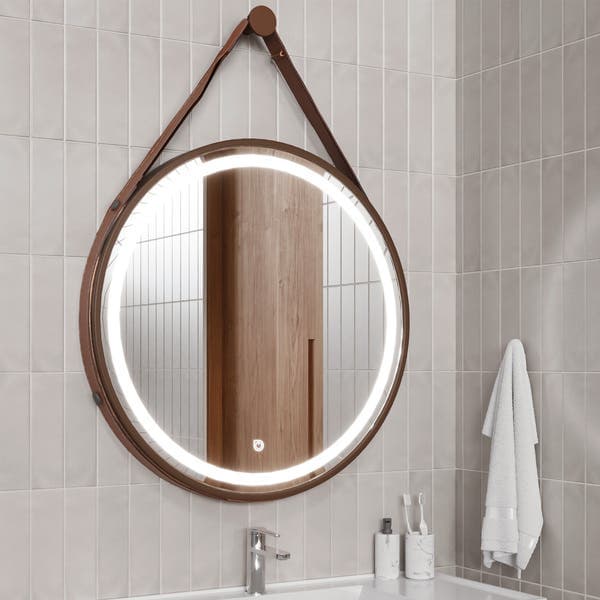 Espelho para Banheiro Redondo com LED Bivolt Moldura Marrom 80cm Couro Dna Lustres