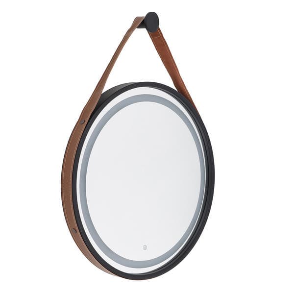 Espelho para Banheiro Redondo com LED Bivolt Moldura Preta e Marrom 80cm Couro Dna Lustres