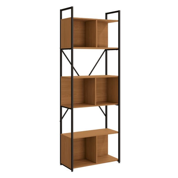 Estante de Metal e Madeira Aço e MDP com 6 Prateleiras Canela e Preto Fosco Industrial 202x72x33cm 35kg Crome