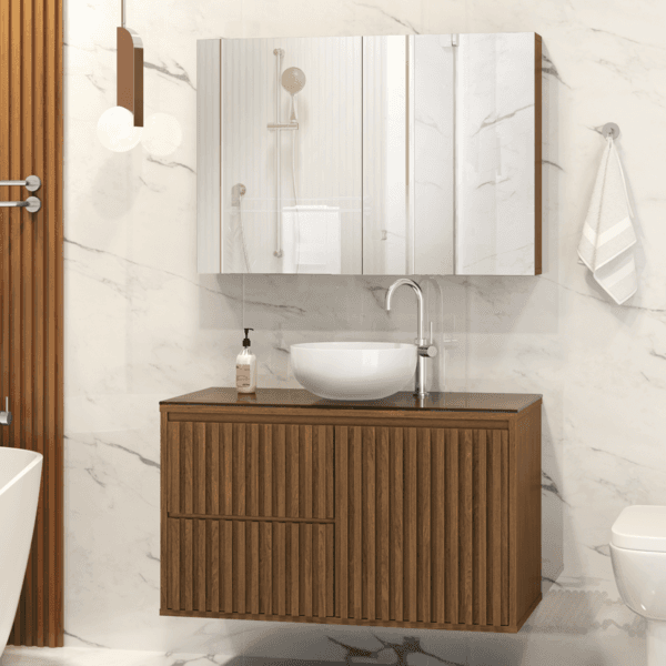 Gabinete para Banheiro 80cm Madeira MDF Freijó Ripado Astral Design