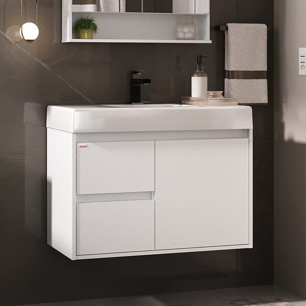 Gabinete para Banheiro com Cuba 78cm Madeira MDP Branco Bruna Fabribam