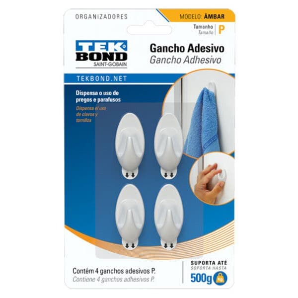 Gancho Adesivo até 0,500kg Branco Âmbar 4 peças