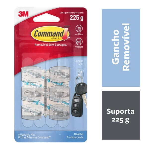 Gancho Adesivo Mini 0,225 kg Transparente Command 3M 6 unds