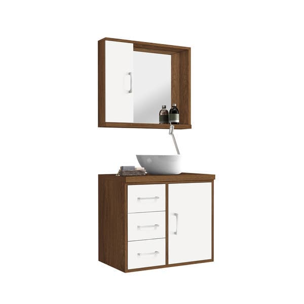 Kit Gabinete para Banheiro com Espelho 60cm Madeira MDF Freijó e Branco Sevilha Astral Design