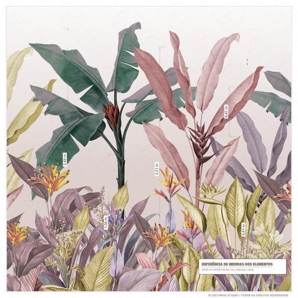 Painel de Parede de Poliéster e PVC Tropical Rosa e Verde 2,9x3m Muse