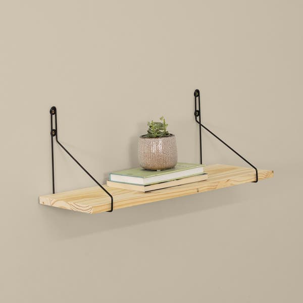 Prateleira de Madeira Pinus Natural e Preta 60x20x13cm com Suporte Visível Settis