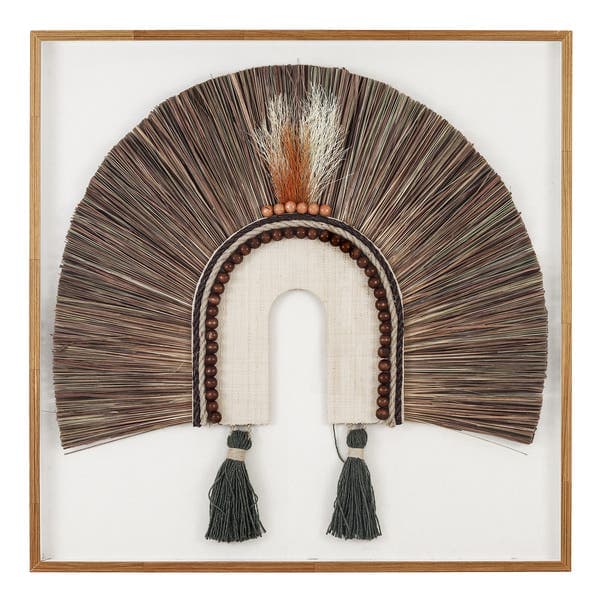 Quadro Decorativo Arte Manual Cocar Bege com Moldura Marrom Retangular com Vidro 100x100cm
