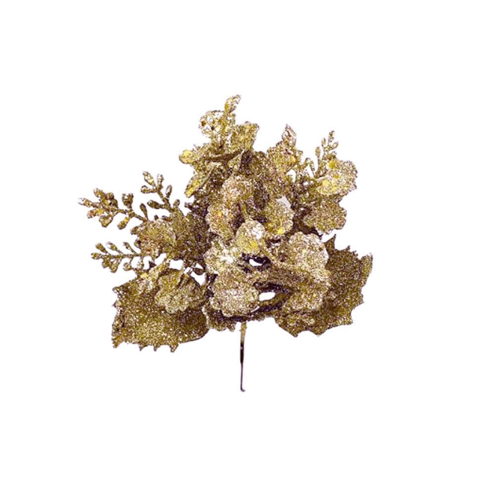 Pick Folhas Glitter Champagne Natalino 20cm - Matsumoto