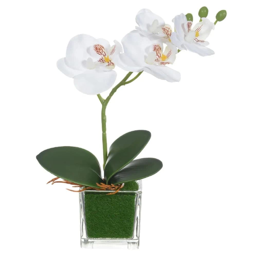 Vaso de Orquídea Artificial 23cm Haste Branco e Amarelo - Florarte