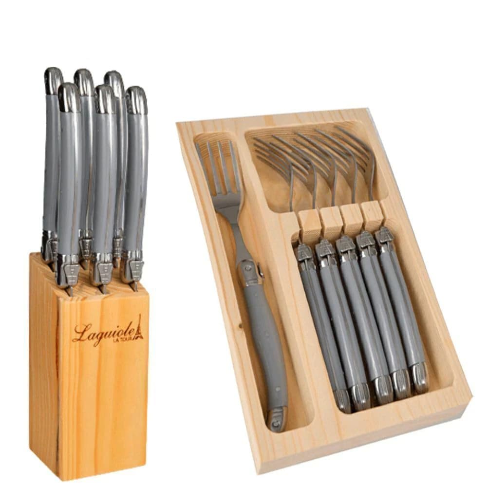 Conjunto Cepo de Facas e Garfo de Aço Inox Laguiole Cinza 12pçs