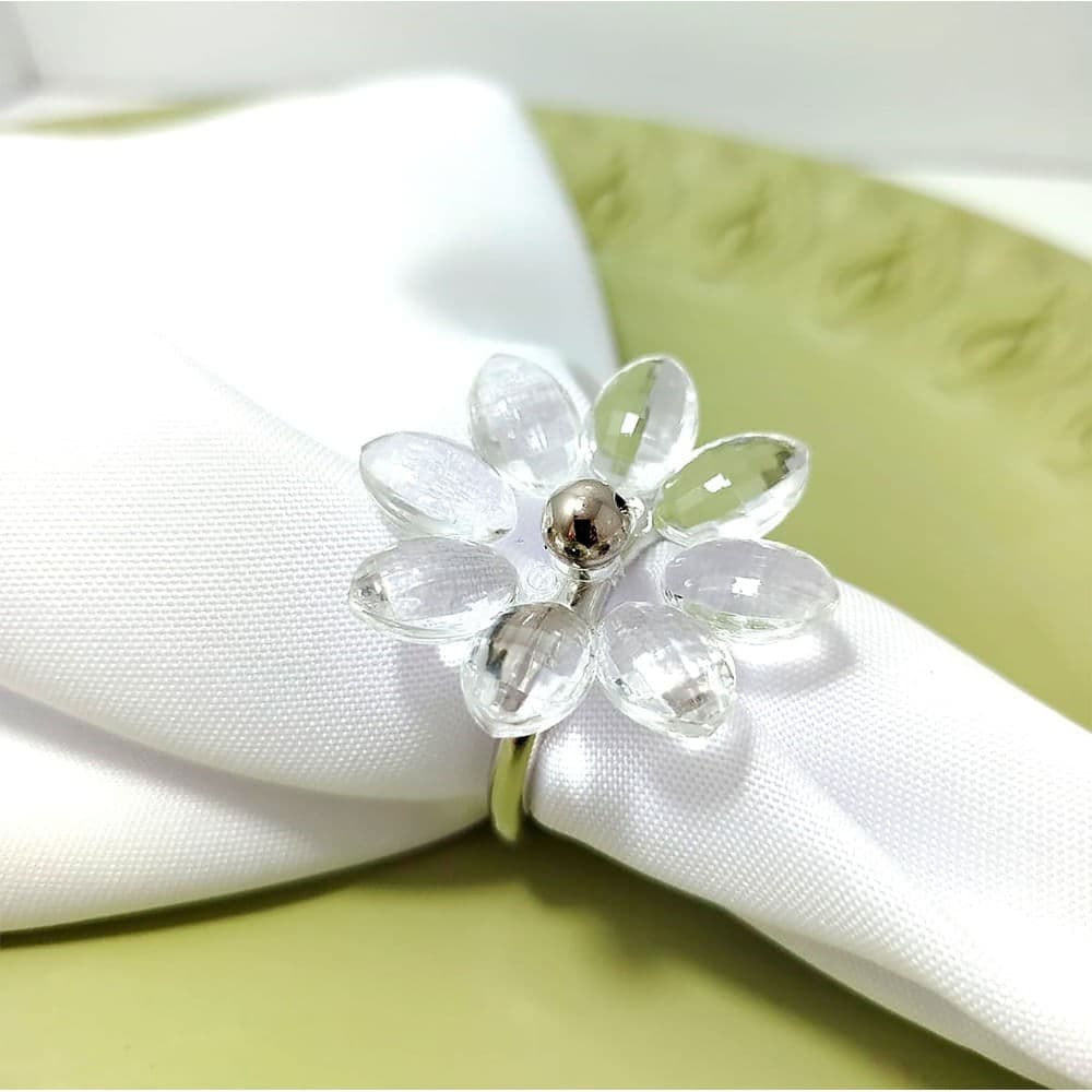Argola Guardanapo Flor Cristal 4 Peças Prata - Arts da Lo