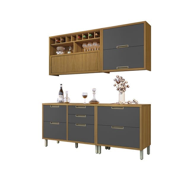Armário de Cozinha Compacto MDF Freijó e Grafite Balcão e Armário Aéreo 200x221,5x52cm Turquesa Nesher