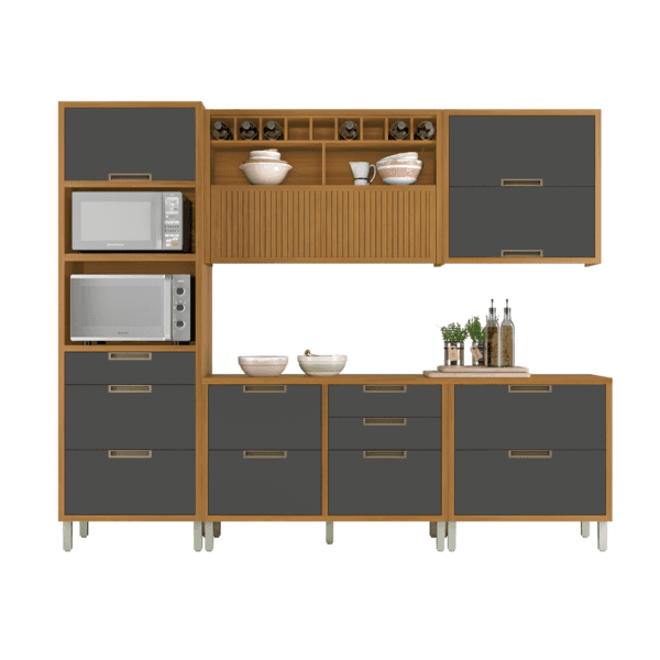 Armário de Cozinha Completo MDF Freijó e Grafite Balcão Torre Nicho e Armário Aéreo 270x221,5x52cm Turquesa Nesher