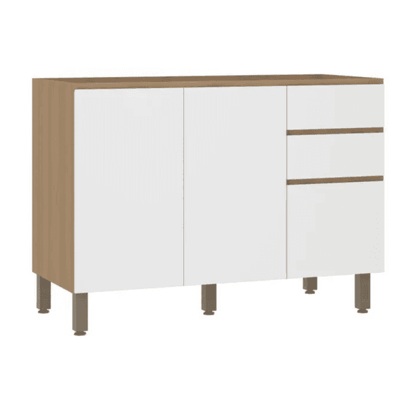 Balcão de Cozinha MDP Freijó e Branco com 2 Portas e 3 Gavetas 120x87x53cm Slim Luciane