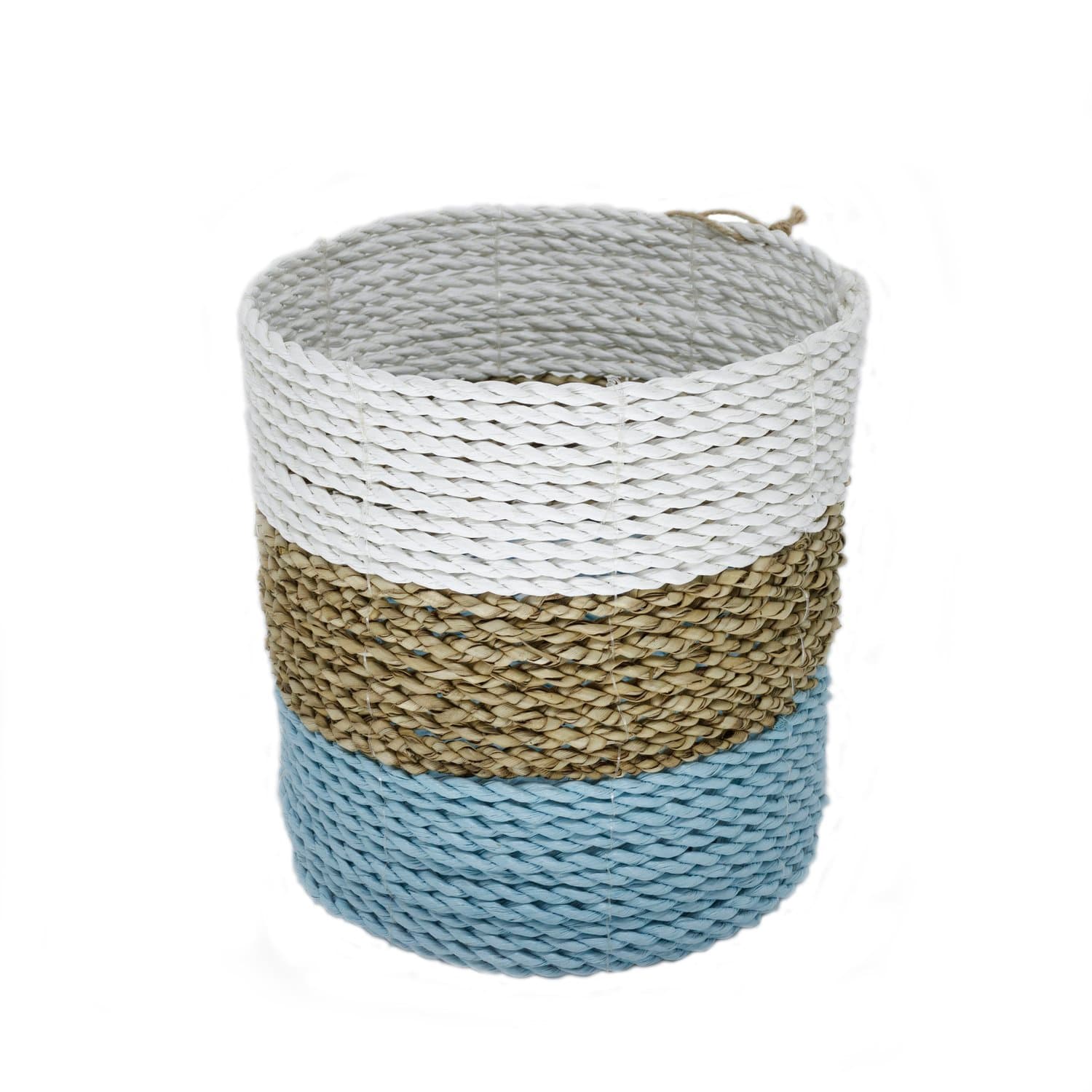 Cachepot Reto G Em Fibra Natural Thay Thay Branco Natural E Turquesa