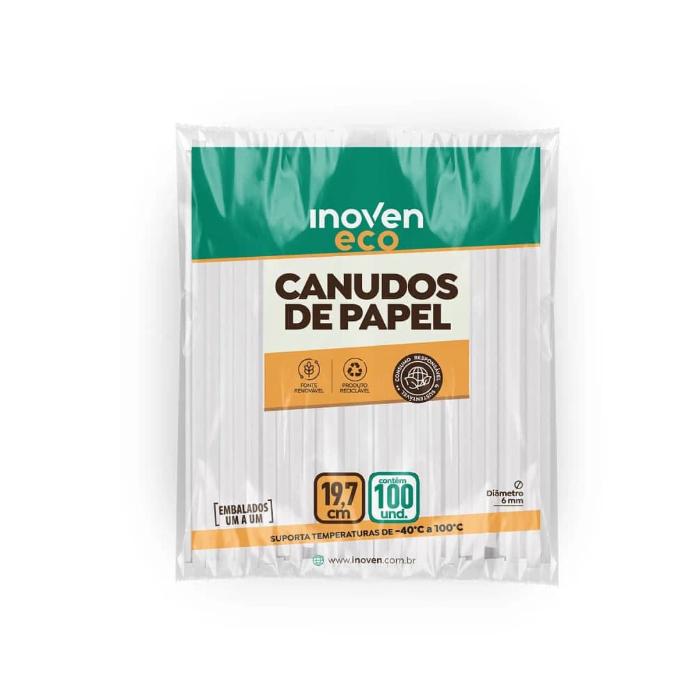 Canudos de Papel 19,7cm Branco 100 Unidades - Inoven
