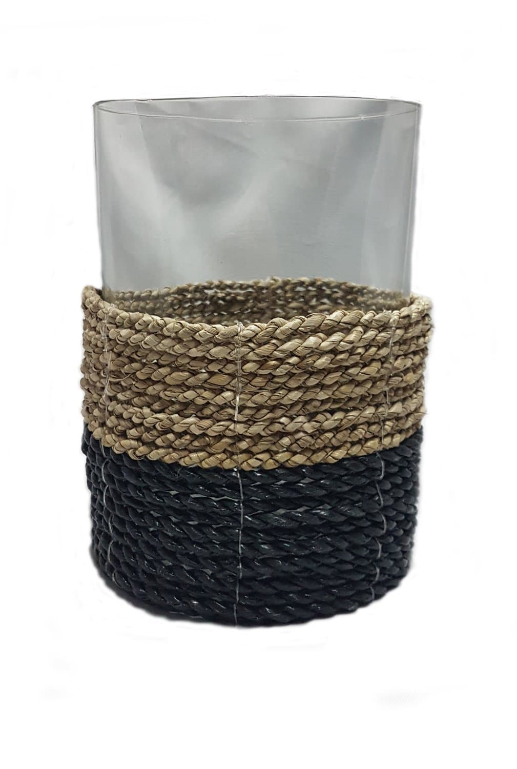 Castiçal em Fibra Natural com Vidro Thay Thay Natural e Preto 20 cm