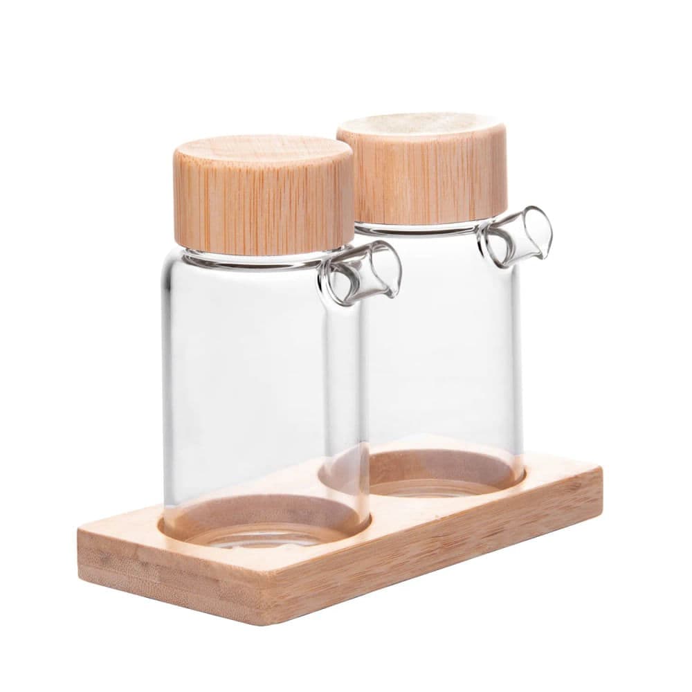 Conjunto 2 Galheteiro de Vidro com Tampa e Suporte 170mL - Wolff