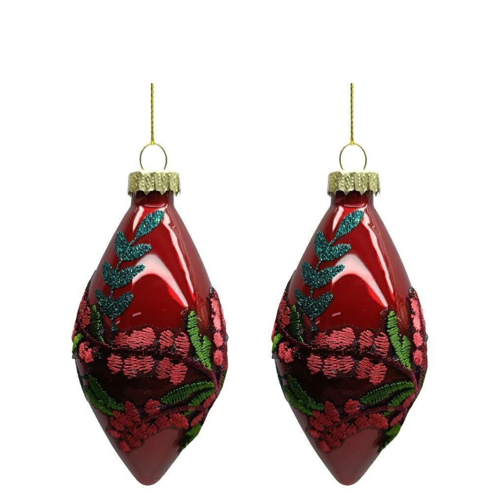 Enfeite para Árvore de Natal de Vidro Pendente Bordado Vermelho 8cm 2pçs