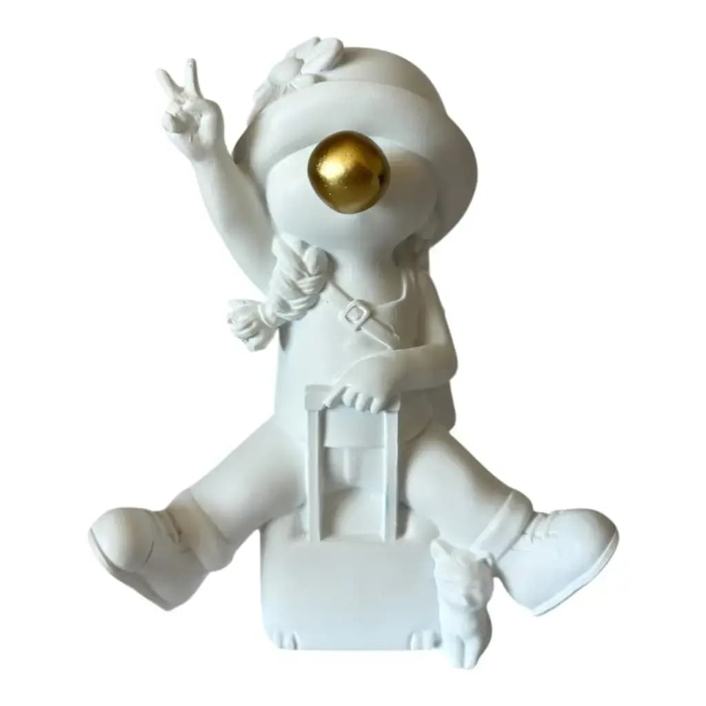 Escultura Decorativa Menina com Mala e Gato