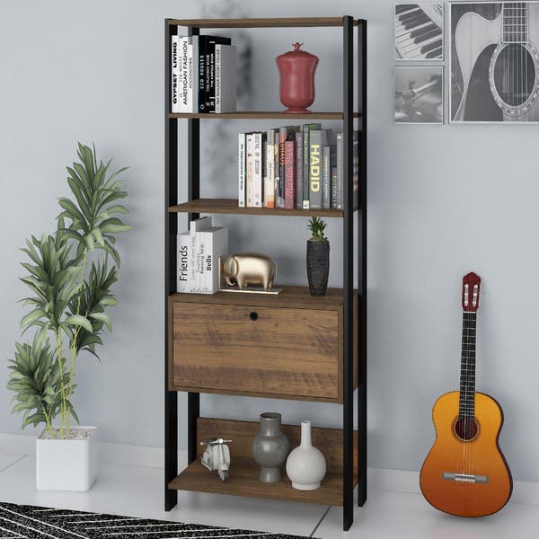 Estante Decorativa de Madeira MDP com 3 Prateleiras 1 Porta Pinho com Preto 166x63x32cm Match Artely