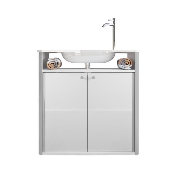 Gabinete para Banheiro com Cuba 62,5cm Madeira, Vidro e Metal Branco Nice Cris Metal
