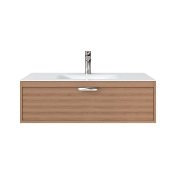 Gabinete para Banheiro com Cuba 80cm Madeira e Vidro Branco e Amadeirado Ripado Maní VB5065 VB Cristais