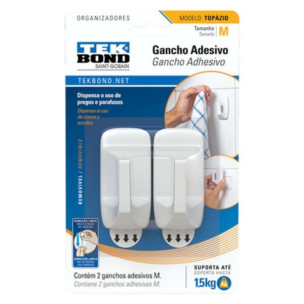 Gancho Adesivo até 1,5kg Branco Topázio 2 peças