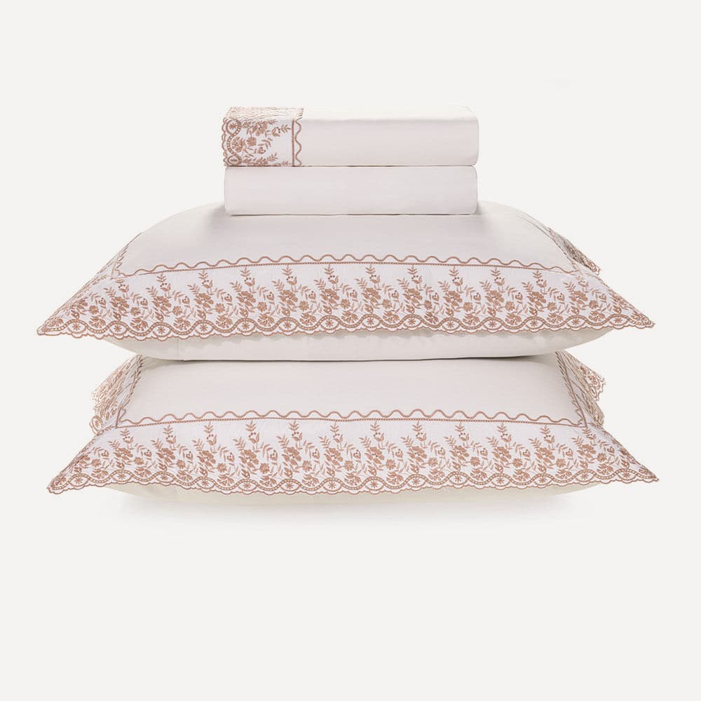 Jogo de Cama Casal 200 Fios Bordado Antônia Branco/Rosa