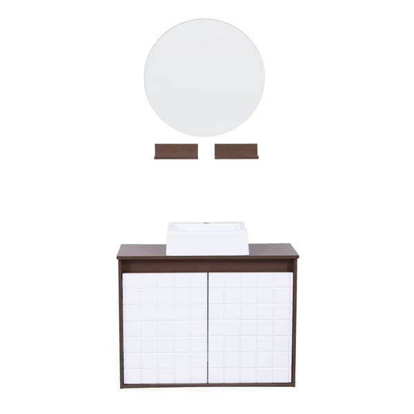 Kit Gabinete para Banheiro com Cuba e Espelho 70cm Madeira MDF Ébano e Branco Carol Darabas Agardi