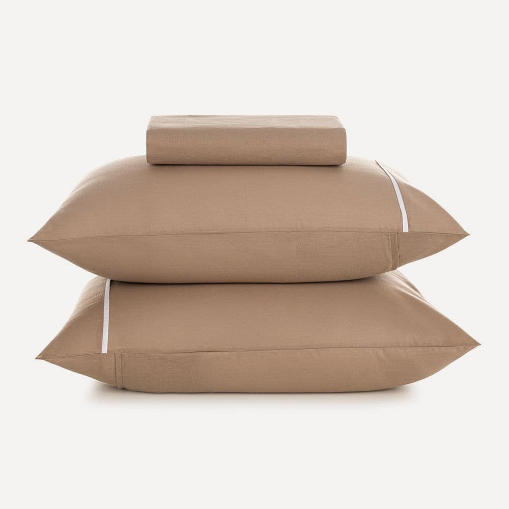 Lençol Casal com Elástico e Fronhas 100% Algodão Noah Caramelo/Branco