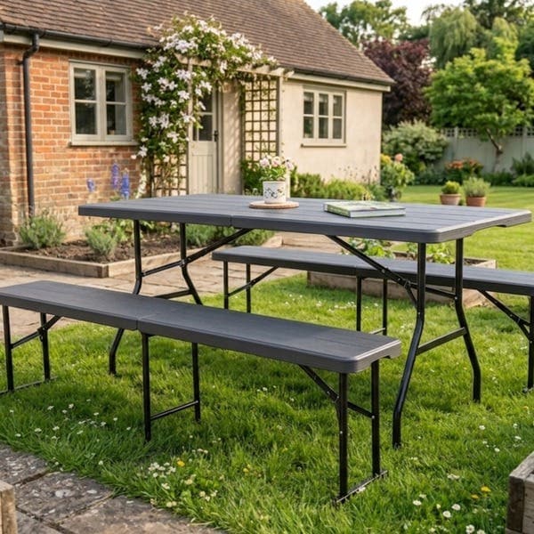 Mesa de Jardim Dobrável Retangular 6 Lugares em Aço 74x180x74cm Cinza Plicosa