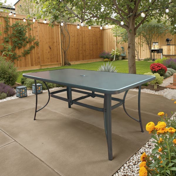 Mesa de Jardim Retangular Aço Pintado 71x90x150cm com Furo para Ombrelone Cinza Escuro Jundiaí Importado