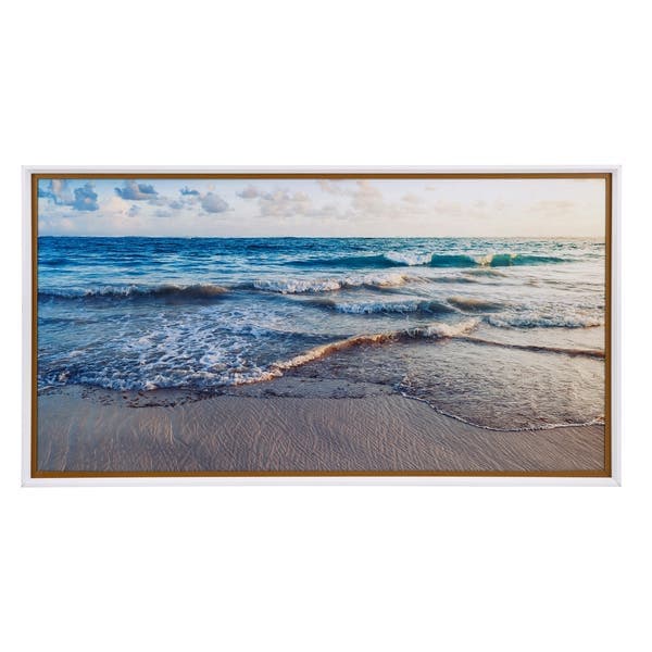 Quadro Decorativo Paisagem Praia II Verde com Moldura Branca Retangular com Vidro 150x80cm