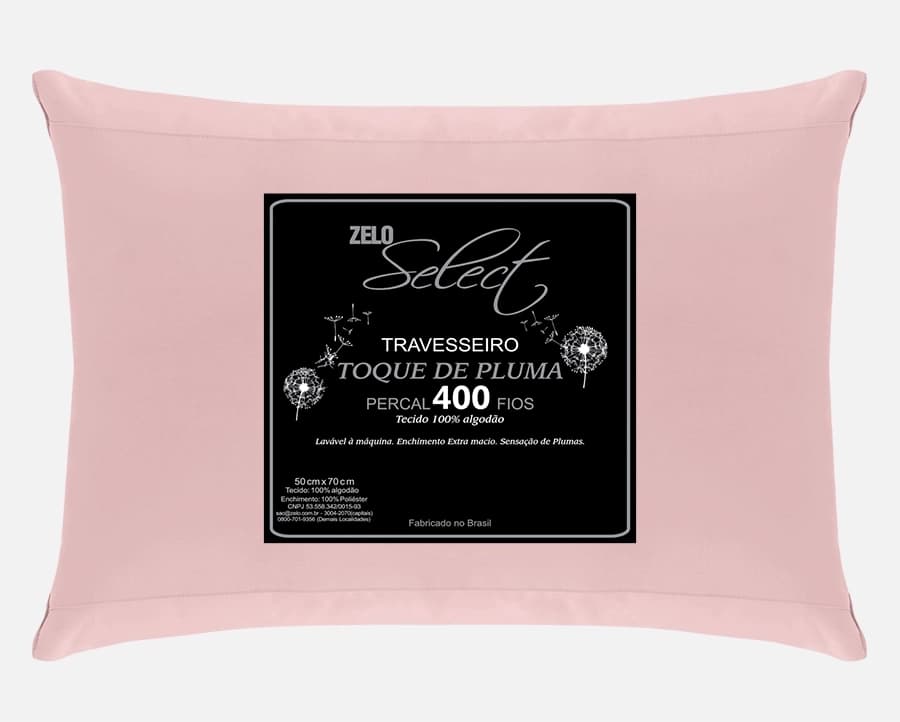 Travesseiro Zelo Select Toque de Pluma 0.50x0.70m - Percal 400 Fios - Rosê