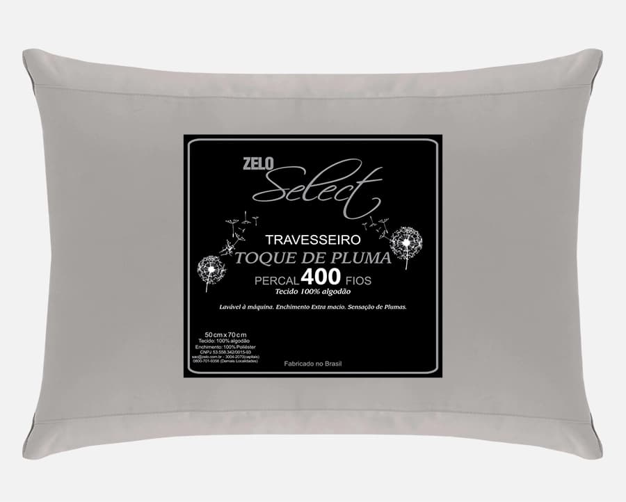 Travesseiro Zelo Select Toque de Pluma 0.50x0.70m - Percal 400 Fios - Zinco